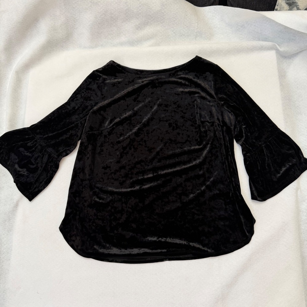 I.N. Studio Woman Black Crushed Velvet Bell Sleeve Blouse Top 1X Plus Size